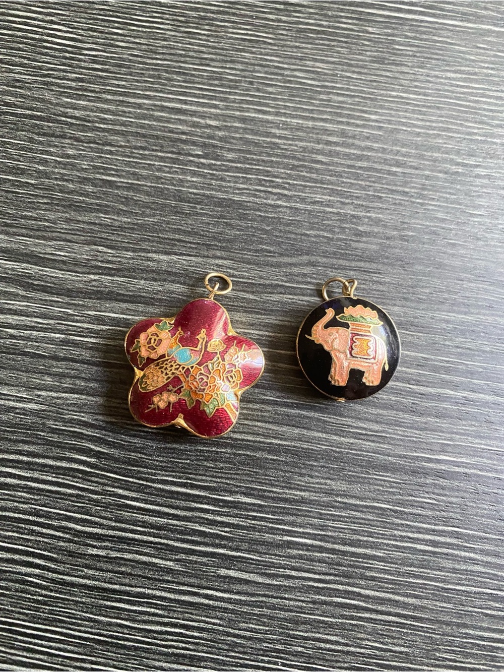 Cloisonné Floral & Elephant Charm Pendants - Red and Black